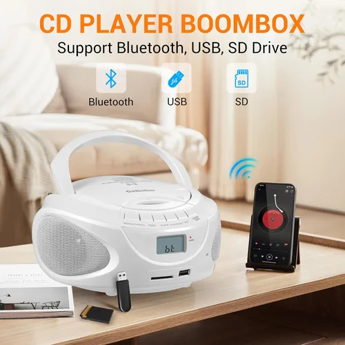 Vista 2 de Reproductor de CD portátil con Bluetooth, reproductor de CD de radio AM/FM con altavoces estéreo, entrada USB/SD/AUX, conector para auriculares