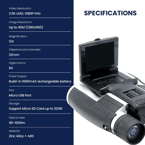 Vista 4 de thunderb Binoculares digitales con cámara y grabación de video de 12 x 32 pulgadas, videocámara para cámaras de observación de aves, binoculares