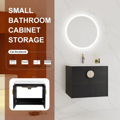 Vista 4 de LKTART Vanidad flotante de baño de 24 pulgadas con puertas de cierre suave y fregadero de cerámica para baño pequeño, color negro