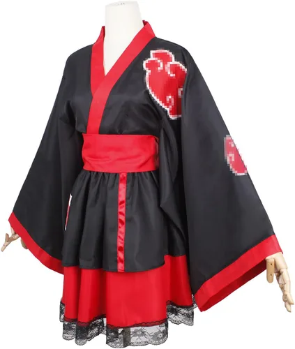 Vista 3 de Vestido kimono de anime ninja para Halloween, disfraz de cosplay, disfraz de uniforme para mujer, color rojo