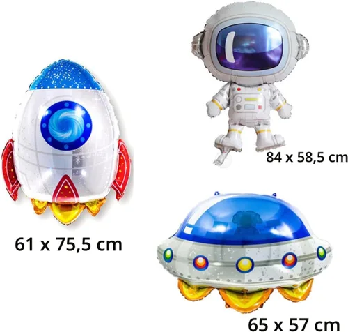 Vista 6 de Juego de 43 piezas de suministros para fiestas del espacio exterior, incluyendo mantel de tela de fondo, cintas metálicas de globos de látex