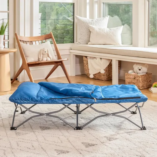 Vista 3 de Regalo My Cot Deluxe Cama portátil para niños pequeños, incluye saco de dormir, azul marino