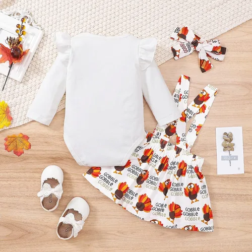 Vista 3 de DOMOABEI My First Thanksgiving - Trajes de bebé para niña disfraz de pavo recién nacido manga larga con volantes falda con tirantes de 0 a 18 meses