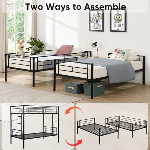 Vista 7 de Litera de metal individual sobre cama individual para niños, niñas, adolescentes y adultos, base de cama de tamaño individual con barandilla