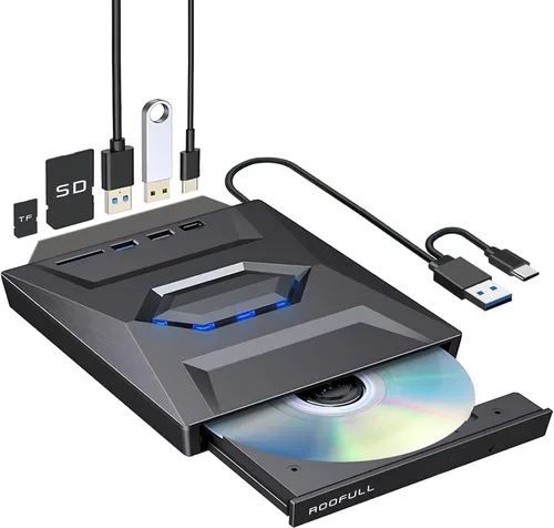 Vista 11 de ROOFULL Unidad externa de CD/DVD USB 3.0 y USB-C, ultrafina de 0.5 pulgadas, reproductor de CD y DVD de alta velocidad, grabador para computadora