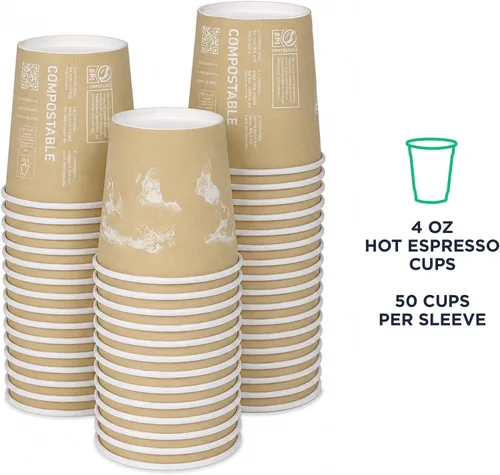 Vista 2 de ECO PRODUCTS Tazas de café espresso desechables compostables World Art de 4 onzas, paquete de 50, taza de papel caliente renovable, forro PLA a base