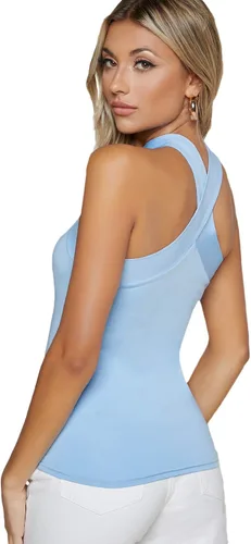 Vista 2 de Floerns - Blusa sin mangas con cuello halter cruzado, de un solo color, para mujer, Azul Pastel, M