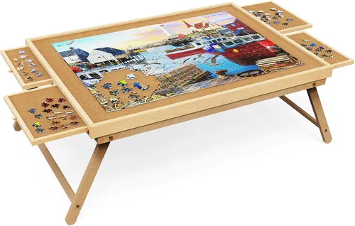 Vista 9 de Mesa de rompecabezas con cajones, 1500 piezas, tablero de rompecabezas y patas plegables (color almendra)