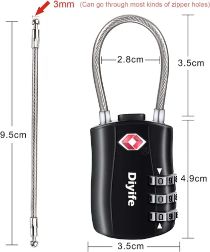 Vista 3 de Candados de equipaje TSA, cerradura de equipaje aprobada por la TSA de Diyife Cerradura de combinación de 3 dígitos reconfigurable, 2 piezas, negro