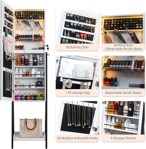 Vista 5 de Bonnlo Armario de joyería de cuerpo entero, armario de joyería con cerradura con luz LED, caja de joyería independiente, organizador de gran