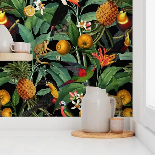 Vista 8 de Muestro de papel tapiz extraíble – Naturaleza Botánico Tropical Tucanes Monos Loros Papel pintado personalizado pre-pegado por Spoonflower