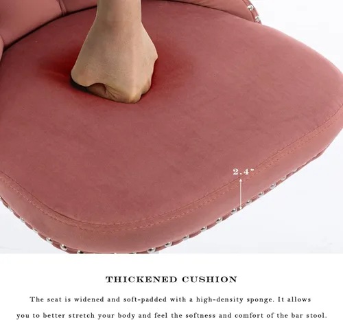Vista 292 de SoarFlash Juego de 2 taburetes de bar tapizados de terciopelo moderno con patas de madera, botones acolchados, cabeza de clavo cromada, asiento