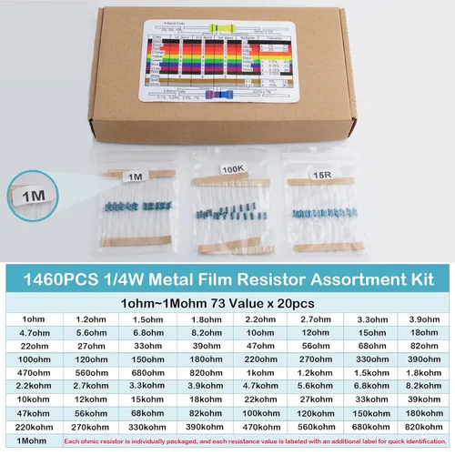 Vista 2 de 1460Pcs 1/4W 73 Valores 1% Película de Metal de Precisión Kit Surtido de Resistencia Electrónica Set 1ohm-1Mohm para Arduino