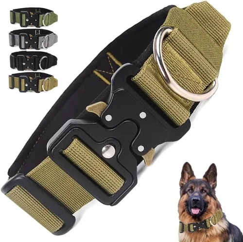 Vista 7 de Collar táctico para perro con asa, collar grueso militar resistente para perros medianos, hebilla de metal de liberación rápida, ajustable y cómodo