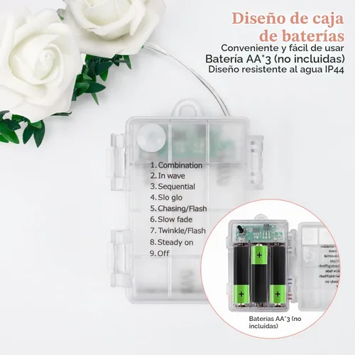 Vista 6 de VIPMOON Guirnalda de luces artificiales de 20 LED de 10 pies, funciona con pilas, con control remoto, tira de luces blancas cálidas impermeables