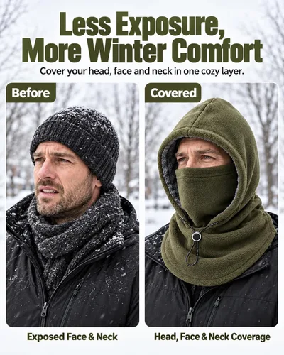 Vista 4 de 3-in-1 Winter Hat, Flannel Balaclava Face Mask with Neck Cover Green