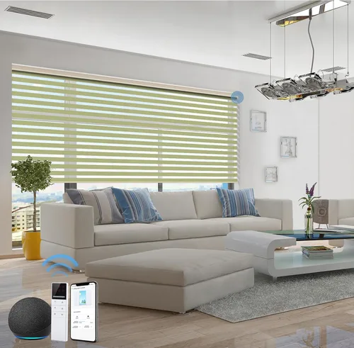 Vista 23 de tipiace Persianas inteligentes de cebra motorizadas con cable duro con Alexa Google Home, tela filtrante de luz de doble capa, persianas Negro