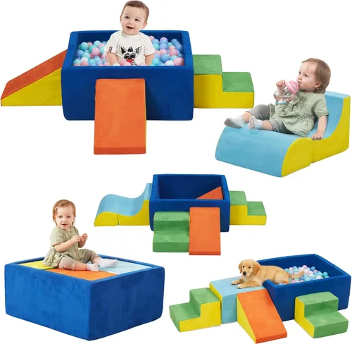 Vista 8 de Bloques de escalada de espuma de 6 piezas con pozo de bolas cuadrado grande, gris Modular Climb & Crawl Play Set for Toddlers,Soft Play Equipment