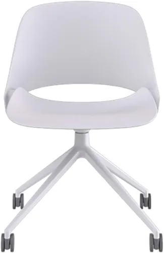 Vista 2 de Humanscale Trea - Silla de oficina con base de cuatro estrellas, respaldo y asiento blancos, base de recubrimiento en polvo blanco, ruedas