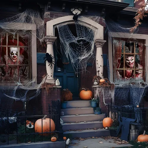 Vista 5 de Newwiee - 2 cortinas de Halloween aterradoras con silueta para ventana, decoración, póster temático para interiores y exteriores, fiestas, paredes