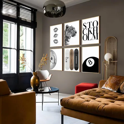 Vista 3 de 6 pósteres de lienzo blanco y negro para pared, diseño de bola de discoteca de guepardo de la suerte de 8 bolas, diseño de leopardo funky