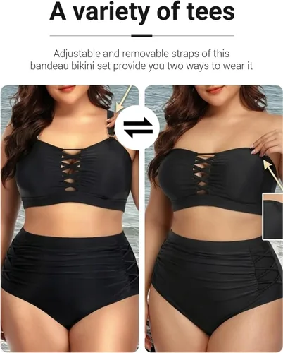 Vista 5 de Daci - Traje de baño de dos piezas para mujer, talla extragrande, cintura alta, fruncido, con cordones Negro