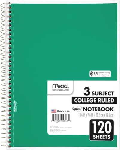 Vista 7 de Mead Cuaderno de espiral, 3 materias, papel rayado universitario, 120 hojas, 10-1/2 x 8 pulgadas, color seleccionado para ti, 1 unidad (05748)