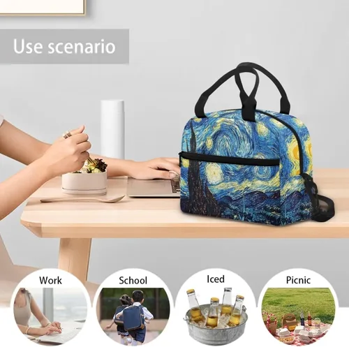 Vista 6 de doginthehole Bolsa de almuerzo de noche estrellada para mujeres y niñas, bolsa de almuerzo con correa ajustable para el hombro con estampado