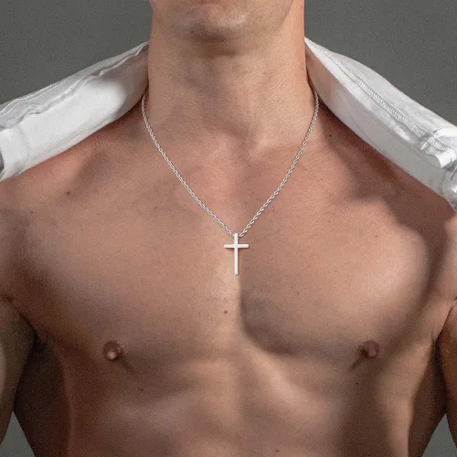 Vista 3 de Collares de cruz de acero inoxidable para hombre, cadena de cuerda negra, plata y oro, collar con colgante de cruz para hombres, niños y mujeres