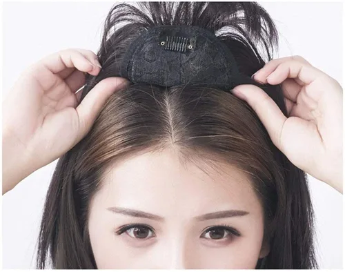 Vista 4 de Extensiones de cabello con clip con flequillo, invisible, natural, corona, extensiones para el cabello para mujeres, con cabello gris o delgado, 10