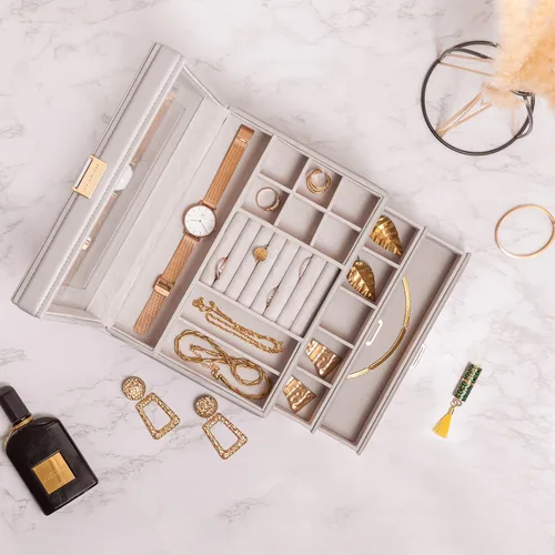 Vista 7 de Vlando - Joyero con espejo caja de almacenamiento para joyas de gran capacidad con espacio para aretes de niñamujer, collares, pulseras