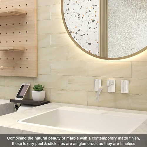 Vista 4 de VAOVI Azulejos de cocina para salpicaduras de despegar y pegar, calcomanías de pared de baño, azulejos de mármol para salpicaduras individuales