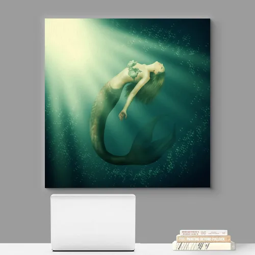 Vista 2 de wall26 Lienzo impreso para pared, diseño de sirena que nada bajo el sol verde azulado, fantasía y ciencia ficción, ilustraciones del océano, arte