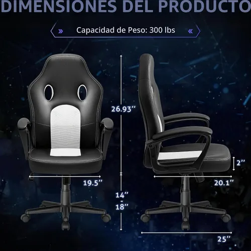 Vista 3 de Silla ejecutiva de piel para oficina, sala de conferencias o videojuegos con respaldo alto, ergonómica, ajustable., Blanco
