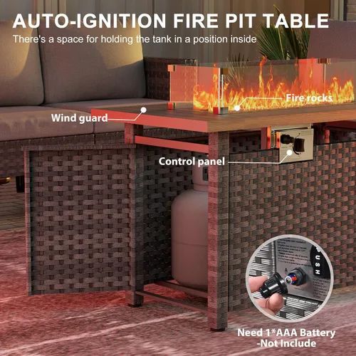 Vista 4 de Mesa para fogata de 44 pulgadas con protector contra el viento para exteriores, fogatas de gas propano de encendido automático, mesa rectangular