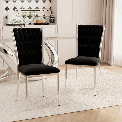 Vista 34 de Juego de 2 sillas de comedor de terciopelo, modernas sillas de cocina tejidas con patas de metal dorado, cojín tapizado con respaldo alto