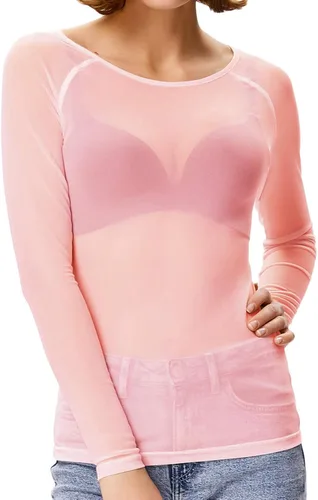 Vista 18 de Kate Kasin Tops de malla para mujer, camisas transparentes de manga larga Negro