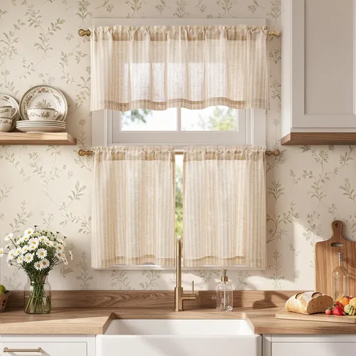 Vista 19 de Jinchan - Juego de cortinas y cenefas de cocina estilo bohemio negro sobre beige y bolsillo para barra Boho Negro sobre Beige