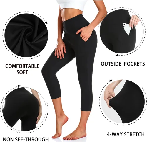 Vista 6 de NEW YOUNG Paquete de 3 leggings capri para mujer con bolsillos, cintura alta, control de abdomen, pantalones de entrenamiento para gimnasio, yoga