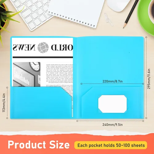 Vista 3 de Maitys 150 carpetas de plástico resistentes con 2 bolsillos para documentos, 5 carpetas de colores con soporte para tarjetas para papel