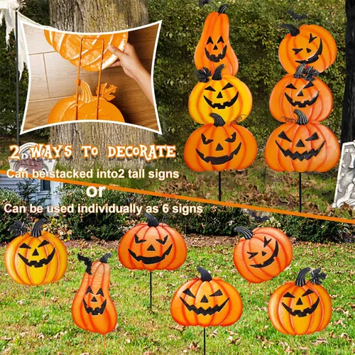 Vista 2 de Juegoal Paquete de 2 estacas de jardín de Halloween, calabazas de metal apiladas, decoración de césped Jack-o-Lantern, letreros de patio decorativos