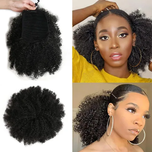 Vista 10 de Extensión de cola de caballo afro rizada encrespada con cordón para mujeres, cola de caballo afro con cordón, rizos encrespados sintéticos, piezas