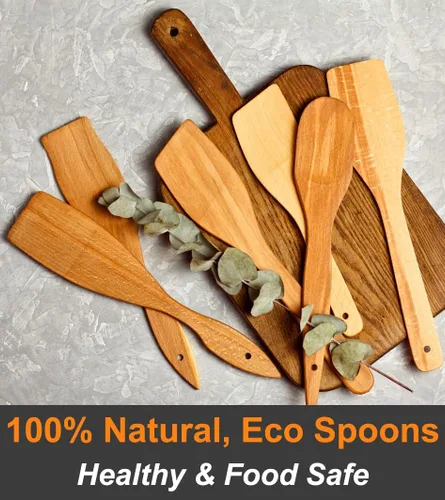 Vista 6 de ECOSALL 6 cucharas de madera para cocinar, hechas en Ucrania, cucharas de espátula de madera antiadherentes 100% naturales y saludables, juego