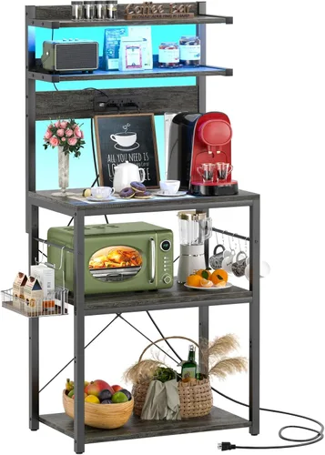 Vista 13 de Aheaplus - Estantería de cocina con toma de corriente, soporte para microondas, estación de café de 5 niveles con luces LED, estante