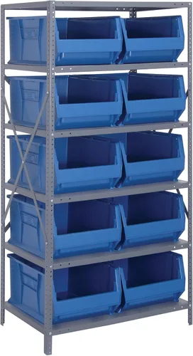 Vista 399 de Quantum QSBU-245BK Heavy Duty Shelving Unit with (7) Shelves and (24) QUS245 Black Bins for Garage Warehouse Storage Distribution 400 lb Load