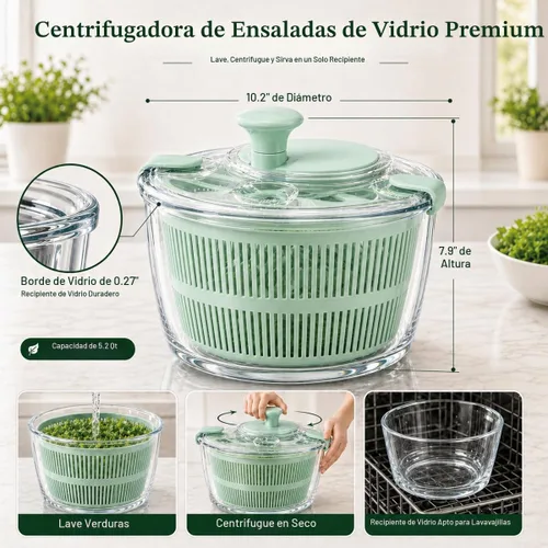 Vista 2 de Ensalada de vidrio grande de 5.2 cuartos de galón con tapa de Verde