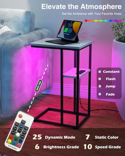 Vista 5 de Innerjoin Mesa auxiliar con estación de carga, juego de 2, mesa auxiliar en forma de C con tira de luz LED, puertos USB A y C de carga rápida, mesa