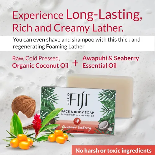Vista 6 de Barra de jabón Coco Fiji para cara y cuerpo infundida con aceite de coco orgánico, Awapuhi Seaberry, aceite esencial, jabón natural para hidratar