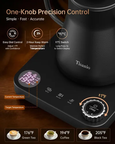 Vista 4 de Hervidor eléctrico de cuello de cisne para verter sobre café, control de precisión de ±1 °F, calefacción inteligente de dos etapas, 2 horas