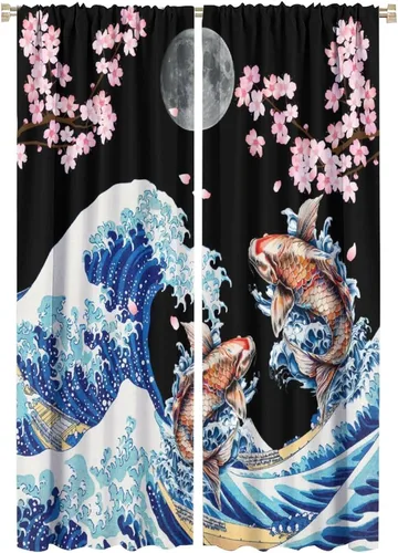 Vista 22 de Koi Fish - Cortinas opacas para cocina, estilo japonés, románticas, con estampado de flores de cerezo, con bolsillo para cortinero, cortinas opacas